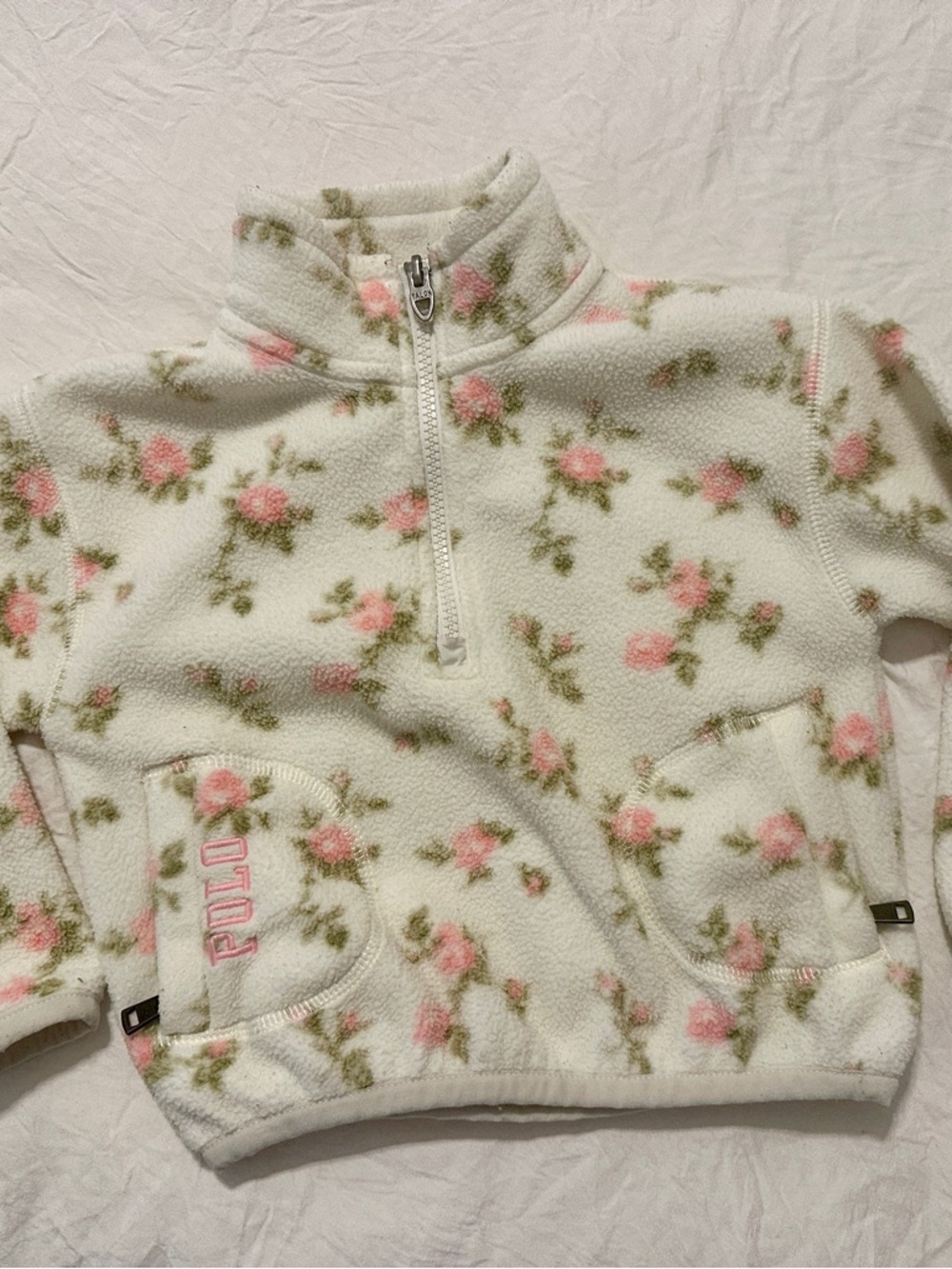 POLO Floral Half-Zip Fleece Pullover - White with Pink Roses 3T